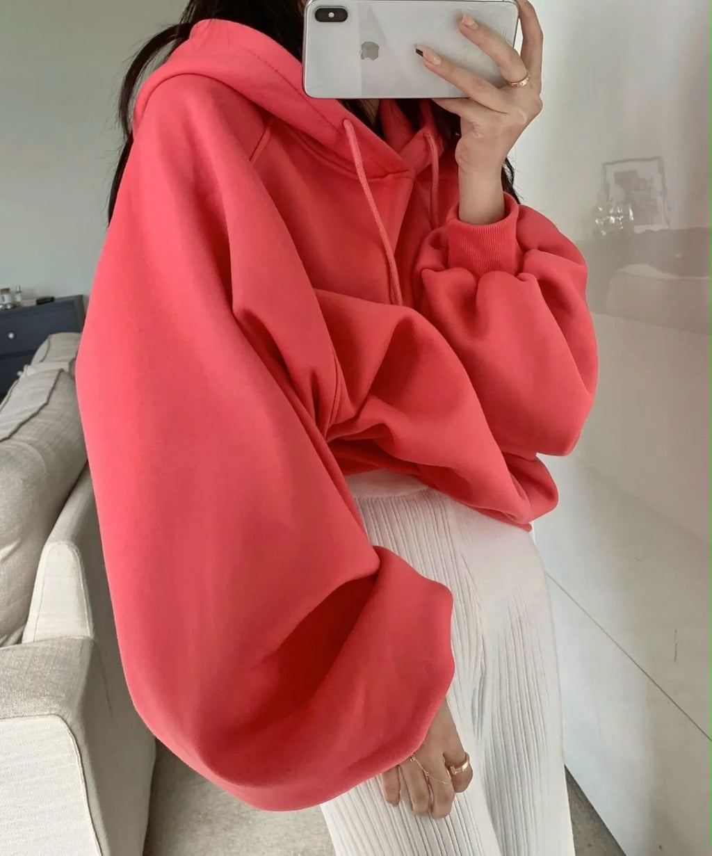 Women's loose hooded sweater in watermelon red made from mulberry silk fabric showing front view
