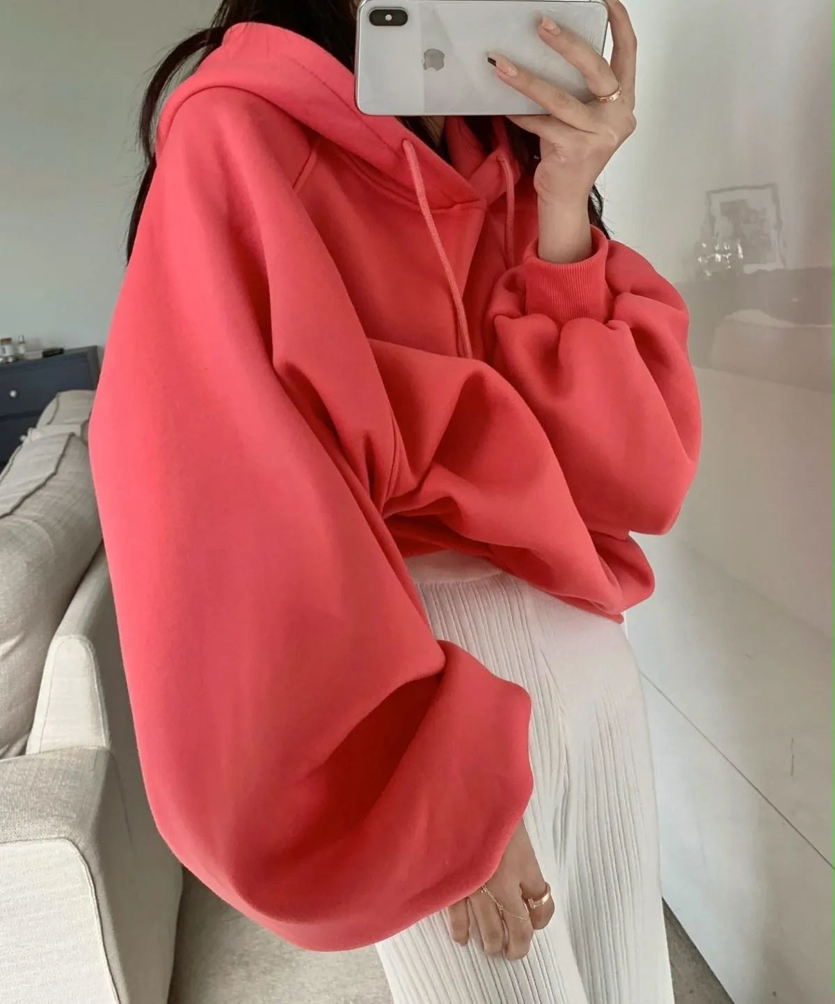Women's loose hooded sweater in watermelon red made from mulberry silk fabric showing front view