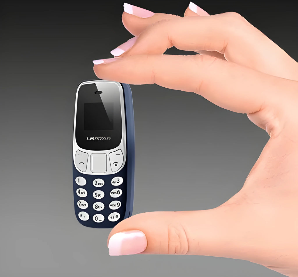 Ultra-small miniature thumb phone with 0.66-inch OLED display and dual SIM slots, blue colour