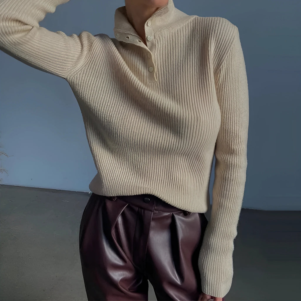Women's retro half turtleneck pullover sweater with single-breasted placket in slim fit
