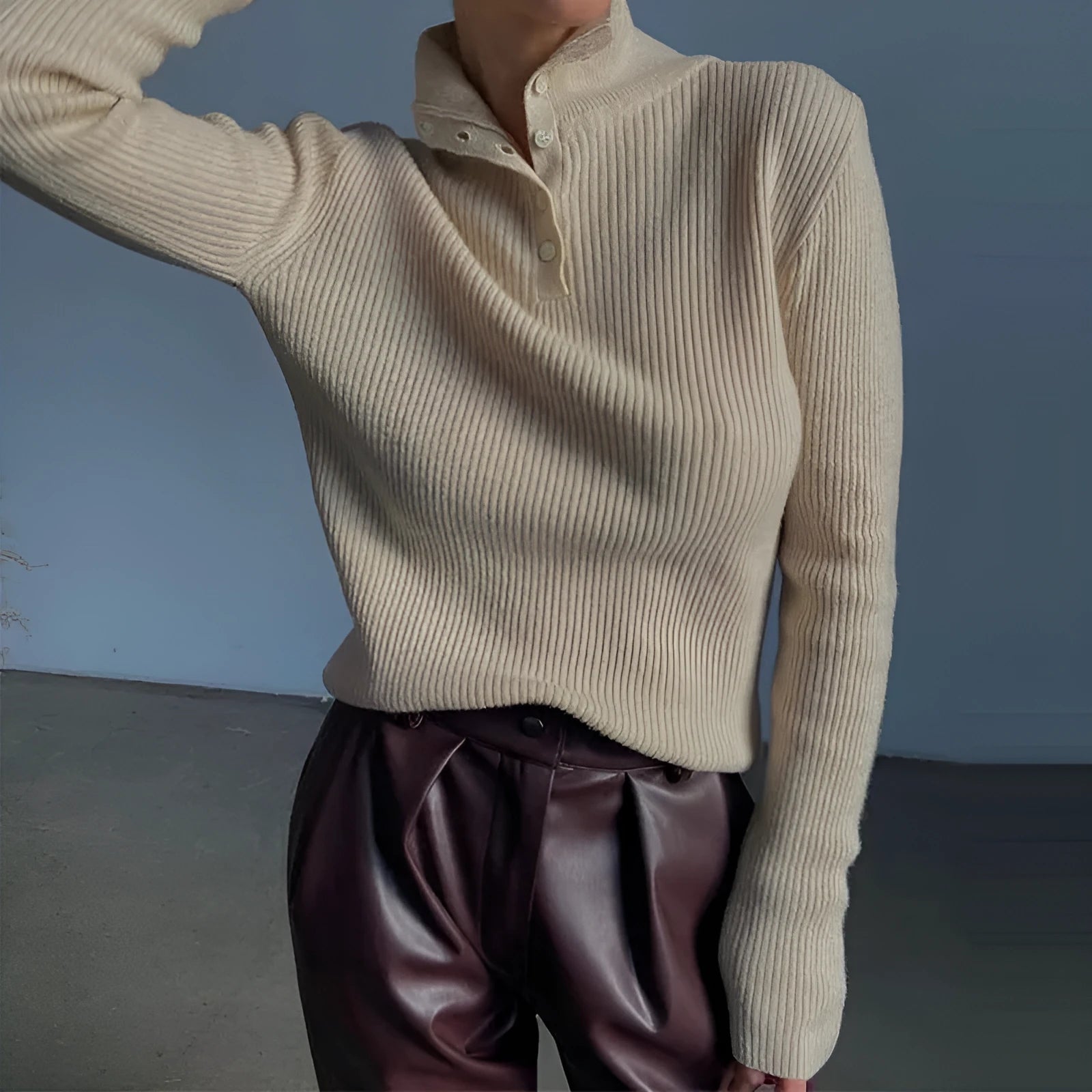 Women's retro half turtleneck pullover sweater with single-breasted placket in slim fit