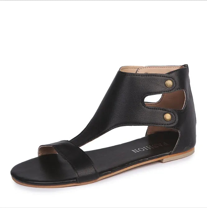 Flat sandals for women, artificial PU upper, round toe, flat heel, available in beige