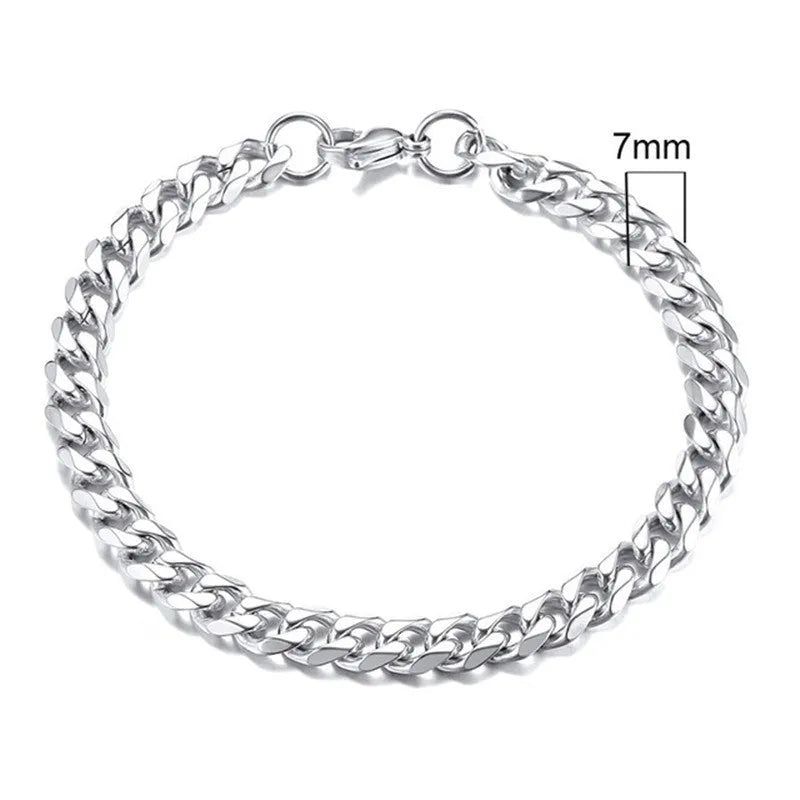 Gold six-sided Cuban link metal bracelet shown in various widths and colour options.