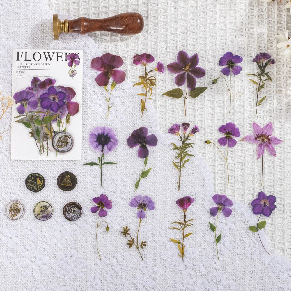 Pack of 40 decorative dried flower design sticker sheets in eight colours including purple, blue, and orange.