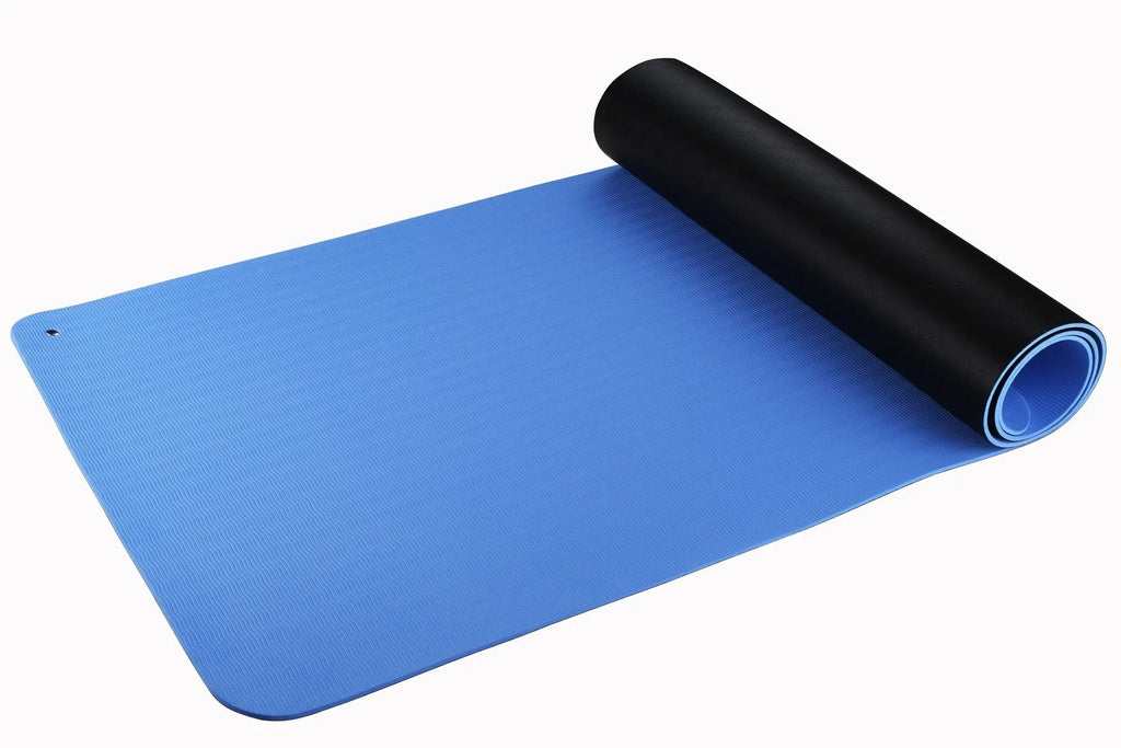 Blue conductive yoga mat with botanical plant pattern, grounding wire, and non-slip surface measuring 182x61cm