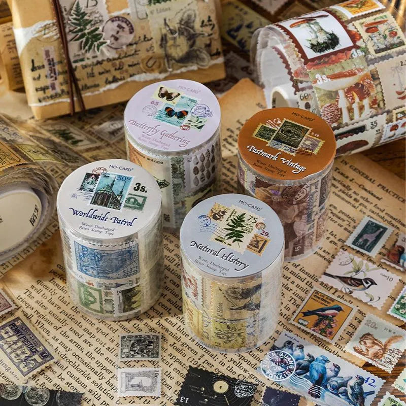 Roll of retro-patterned coated paper stamp stickers for DIY journal decoration, 55mm wide