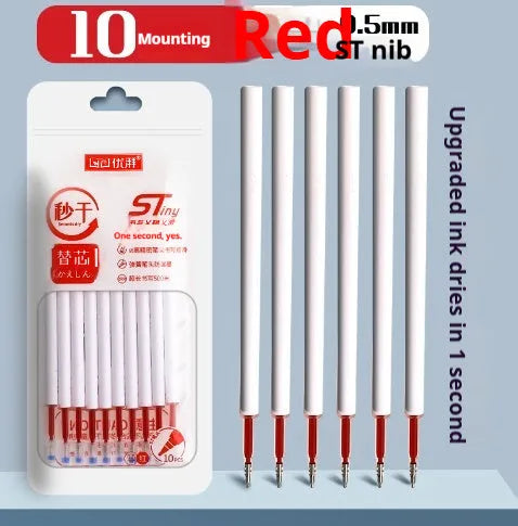 Pack of 10 quick-drying bullet gel pen refills in black, red, blue, and ink blue colours.
