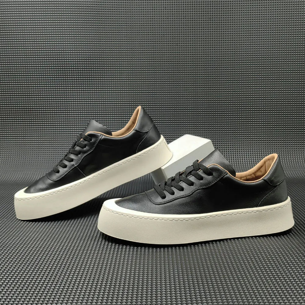 Men's white cowhide platform board shoes with thick rubber sole and round toe design