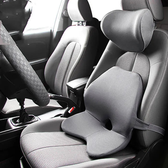 Car seat waist support cushion with memory foam, shown in beige, black, coffee, and grey colours.