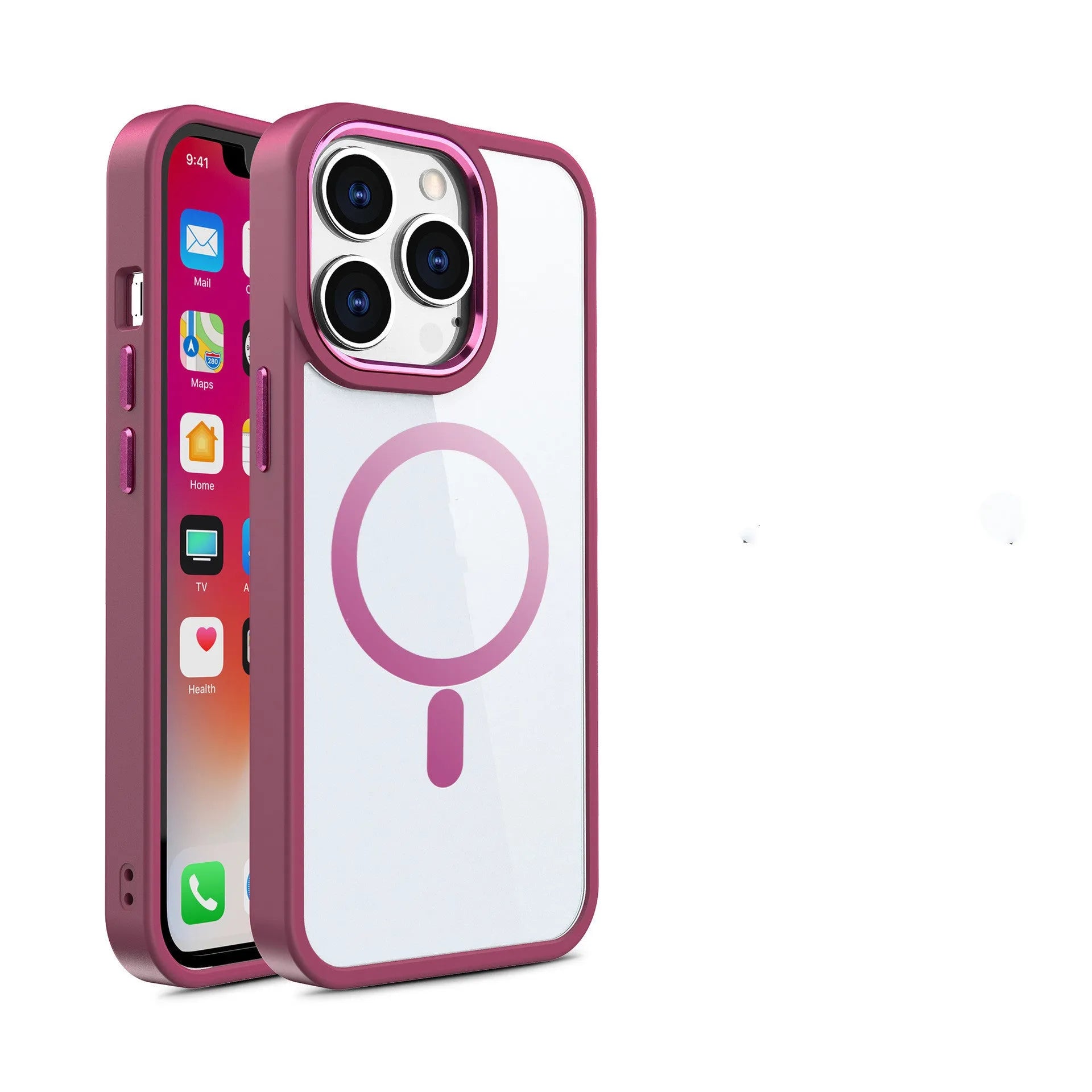 Magnetic transparent silicone phone case for iPhone on a magnetic car mount, shown in a plum red colour.