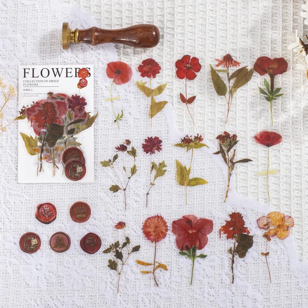 Pack of 40 decorative dried flower design sticker sheets in eight colours including purple, blue, and orange.