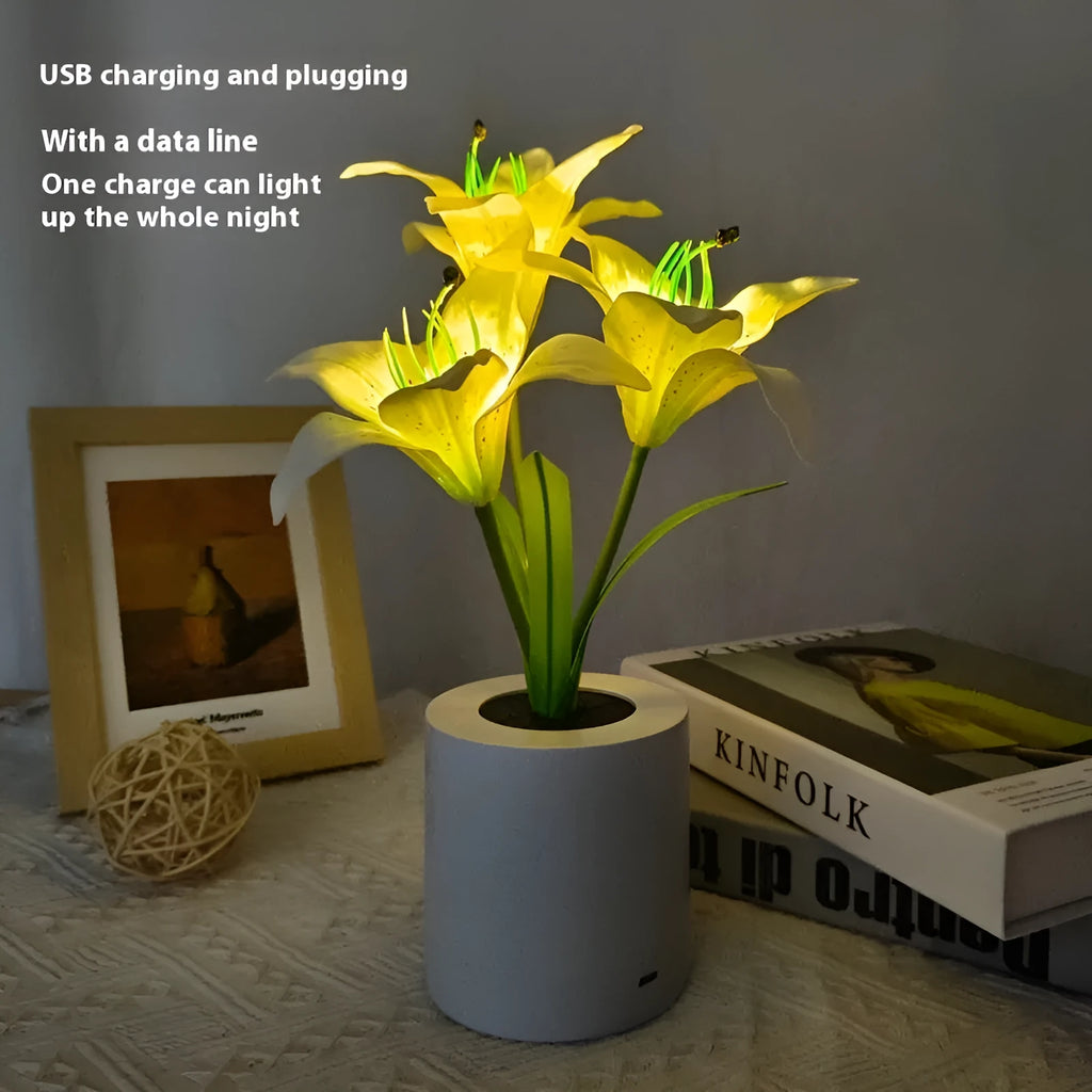 Rechargeable LED Lily Flower Pot Lamp Small Night Ambience Light in Lily White or Pink with 300W Power Output Decorative Table Lamp