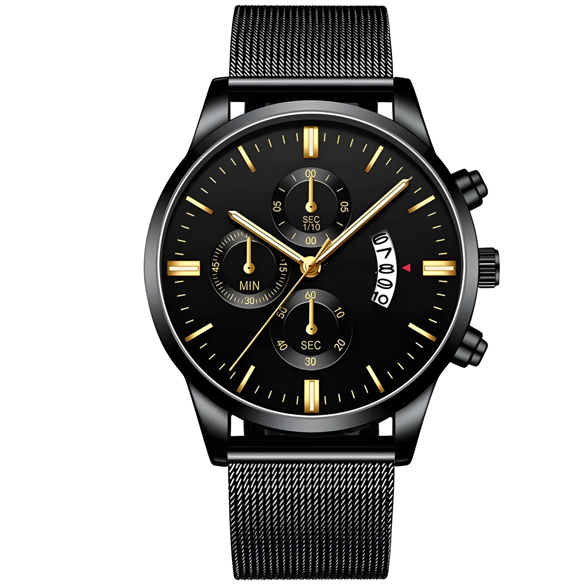 Men's stainless steel mesh band quartz watch showing analogue dial and choice of colour finishes.