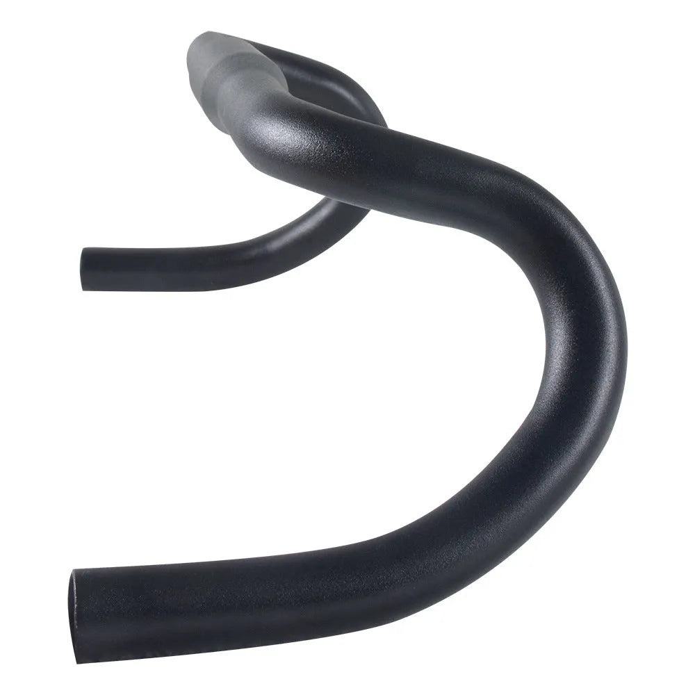 Black aluminium alloy road bike bent handlebar, 420mm wide with 31.8mm clamp.