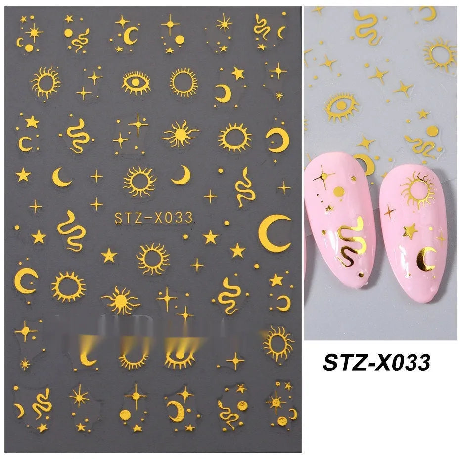 Pack of black and silver strip nail art stickers with cartoon and love pattern designs.