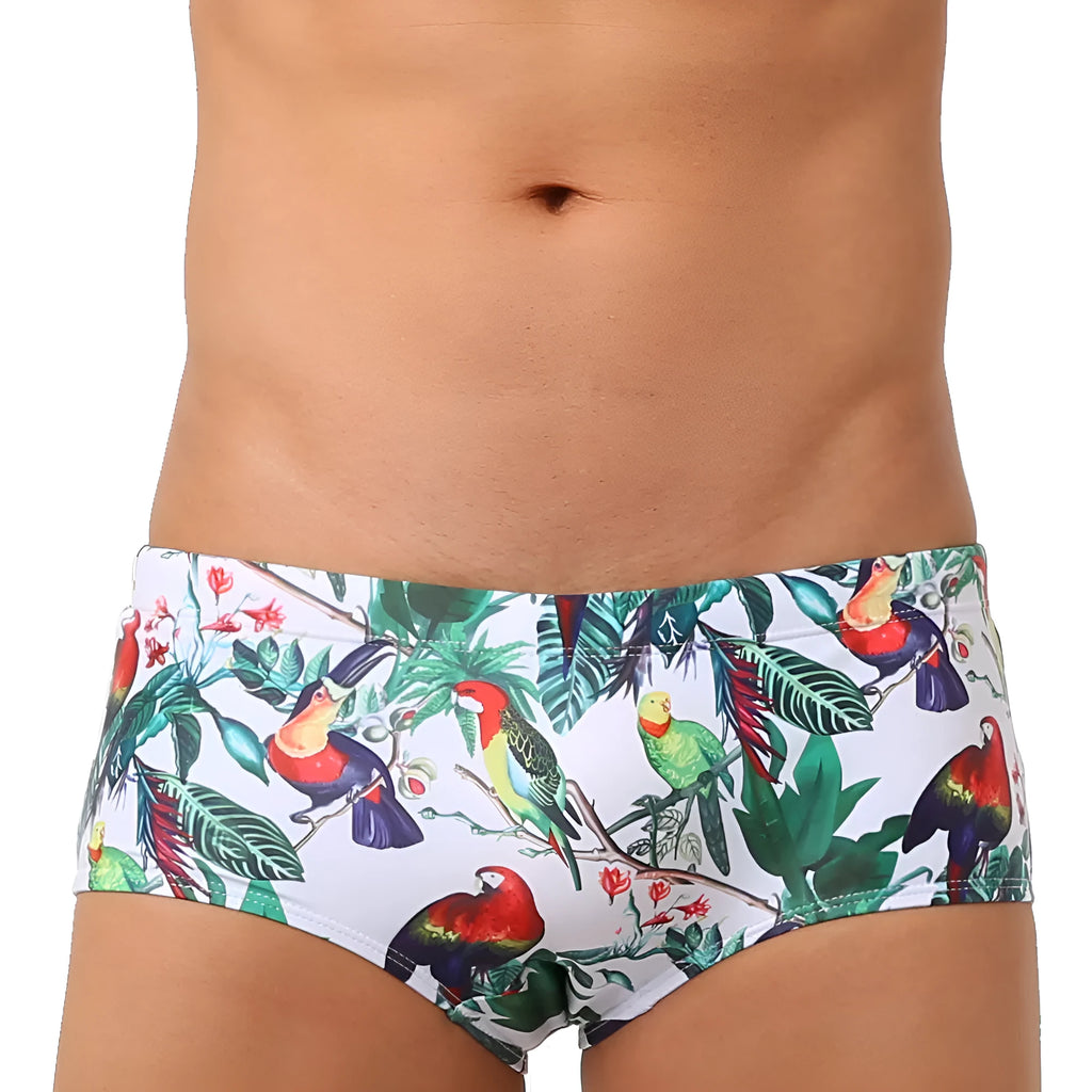 Men's nylon swimming trunks with flower-bird print in briefs and boxer styles