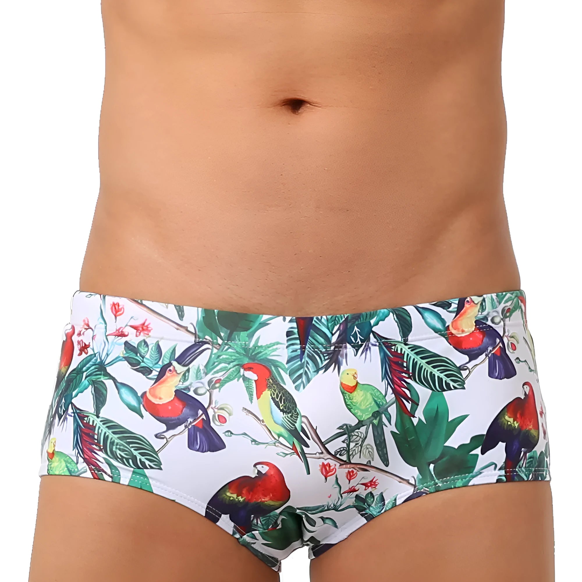 Men's nylon swimming trunks with flower-bird print in briefs and boxer styles