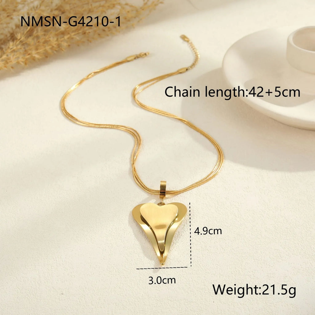 Geometric double heart pendant necklace with snake bones chain in stainless steel, gold tone and steel colour options