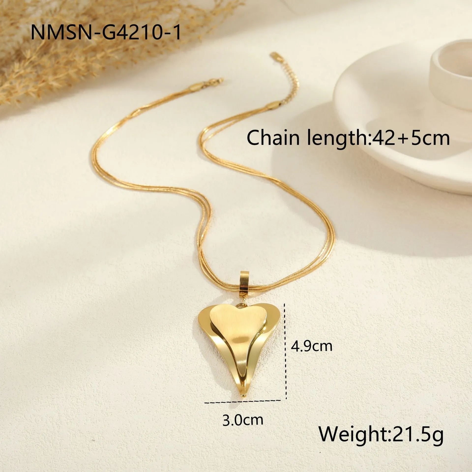 Geometric double heart pendant necklace with snake bones chain in stainless steel, gold tone and steel colour options