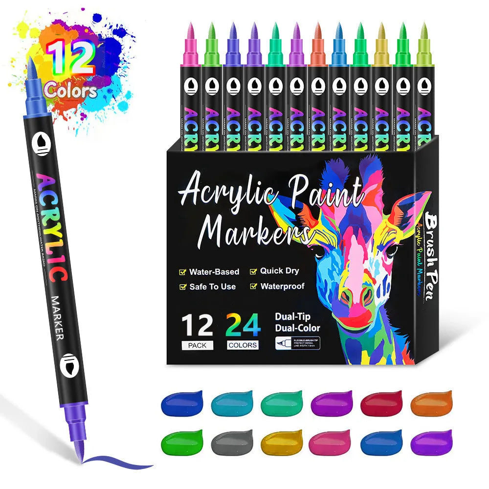 Set of double-headed acrylic marker pens showing both tips, with opaque washable ink in multiple colours.
