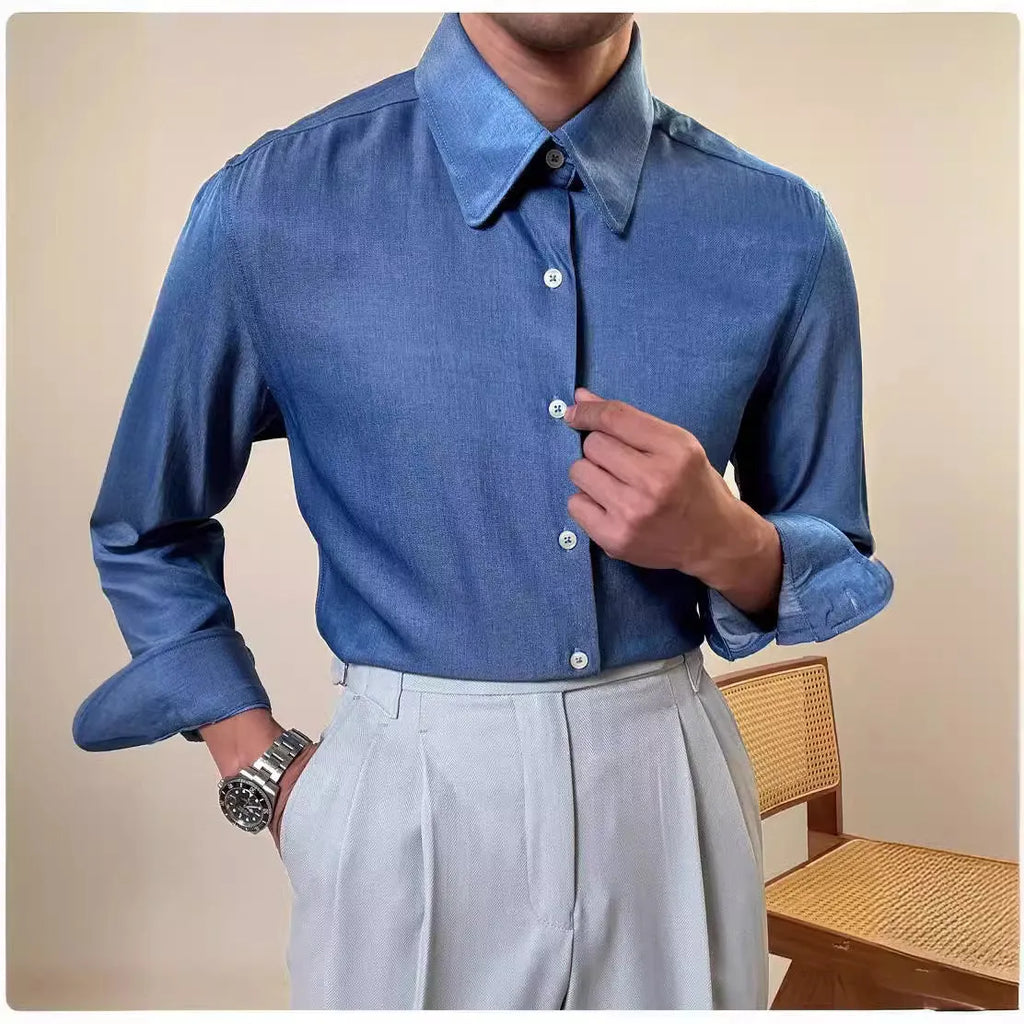 Men's slim fit business shirt with round collar and long sleeves in blue colour options