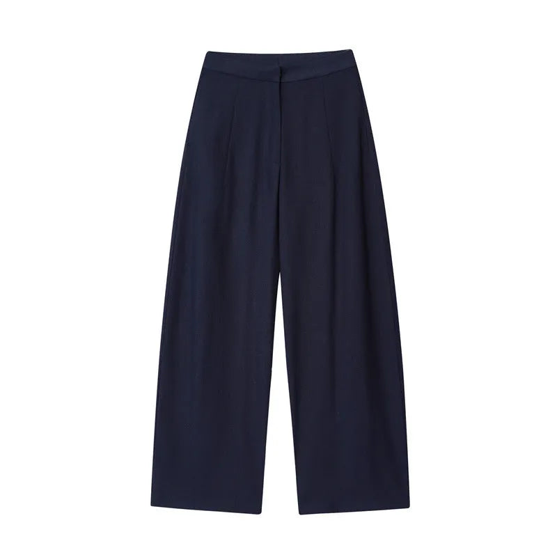 Women's linen blend office set with off-neck collar shirt and wide leg trousers
