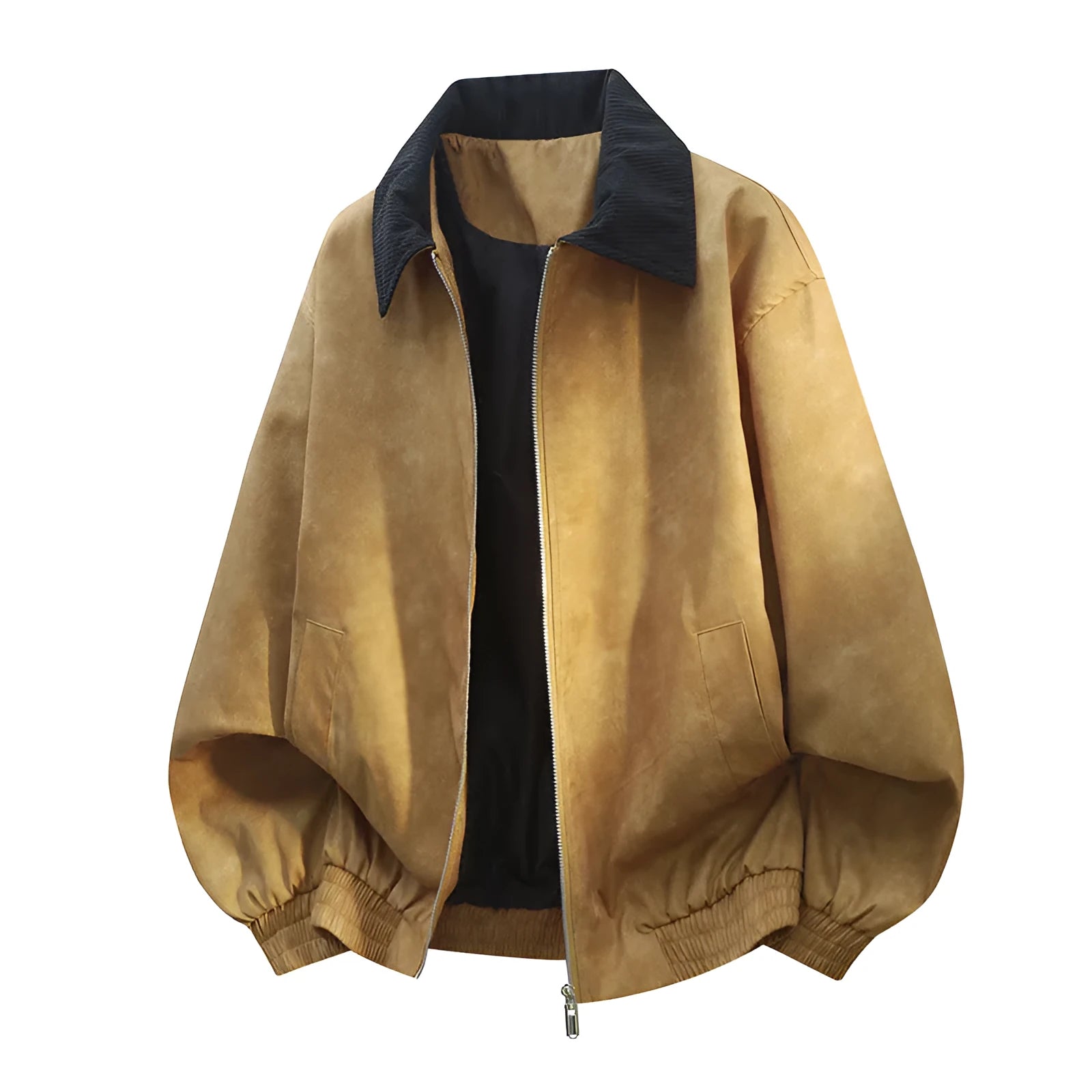 Men's casual black jacket featuring a detailed stitching lapel design and straight hem.