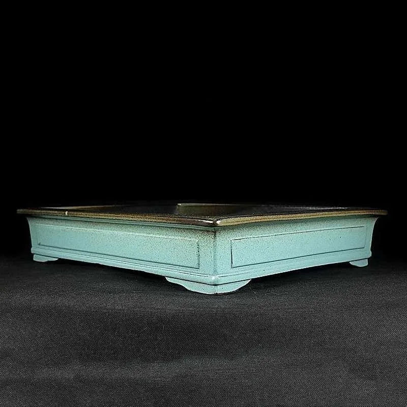 Handmade green ceramic bonsai pot with purple sand crackle glaze finish