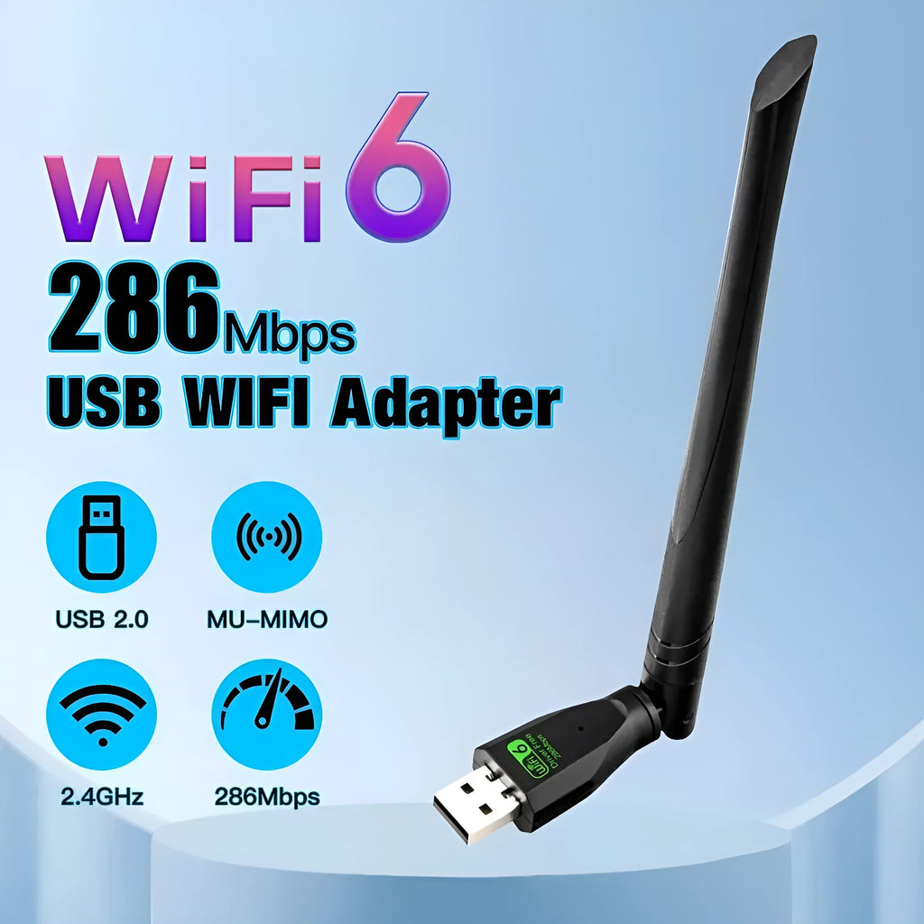 Black USB WiFi 6 wireless network card adapter for PC and laptop dual-band connectivity.