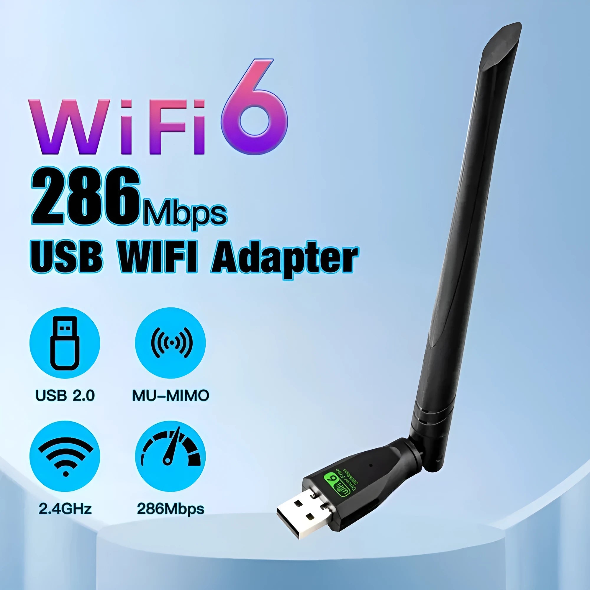 Black USB WiFi 6 wireless network card adapter for PC and laptop dual-band connectivity.