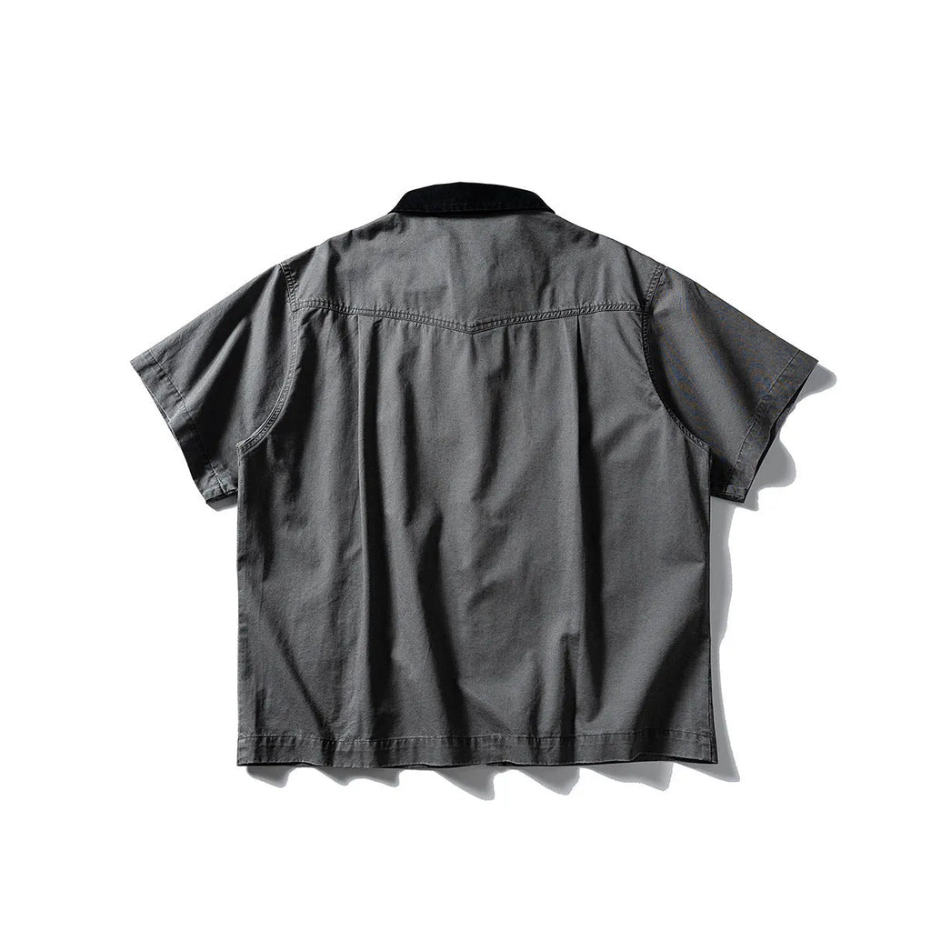 Mens loose fit cotton cardigan with short sleeves in grey or khaki colours, washed overalls style