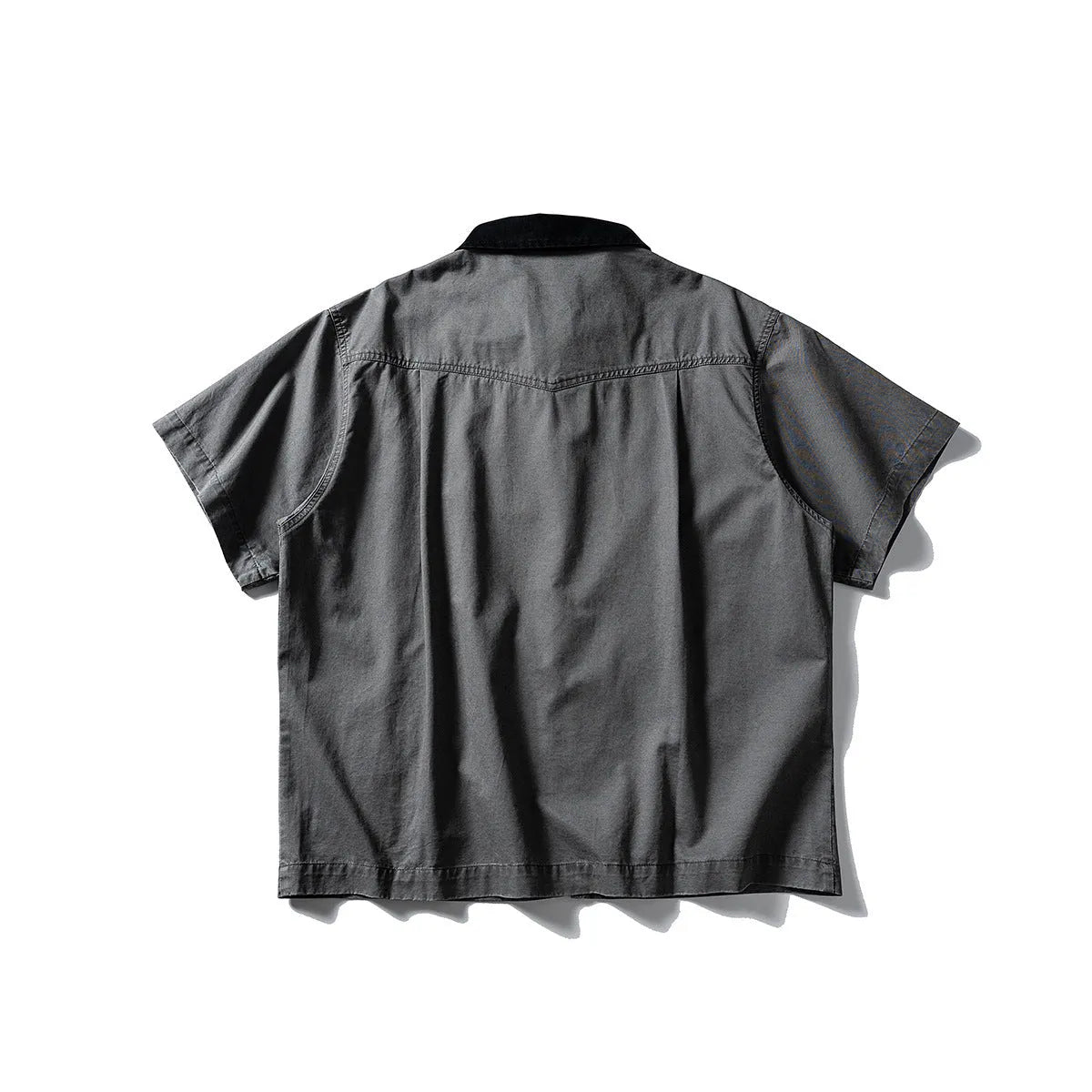 Mens loose fit cotton cardigan with short sleeves in grey or khaki colours, washed overalls style
