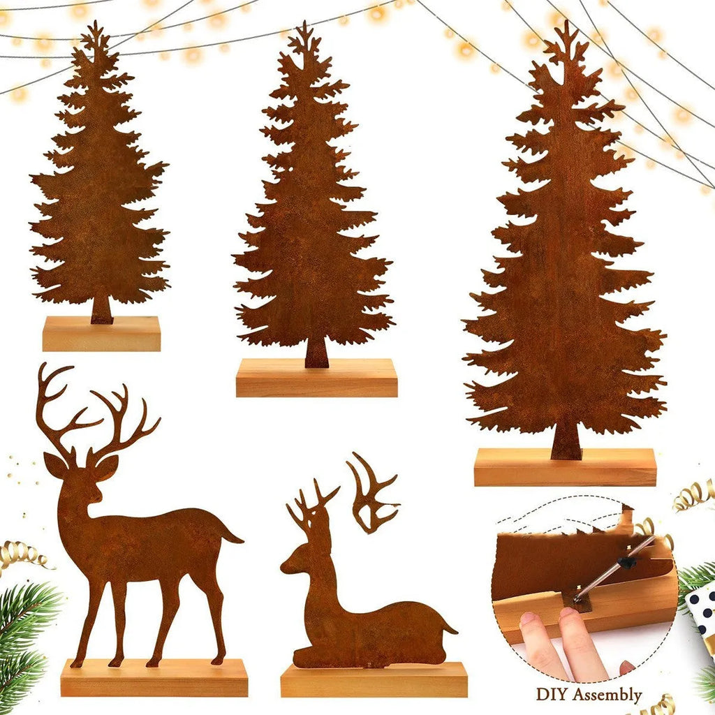 Three rusty iron Christmas decorations with elk and tree designs for rustic seasonal display