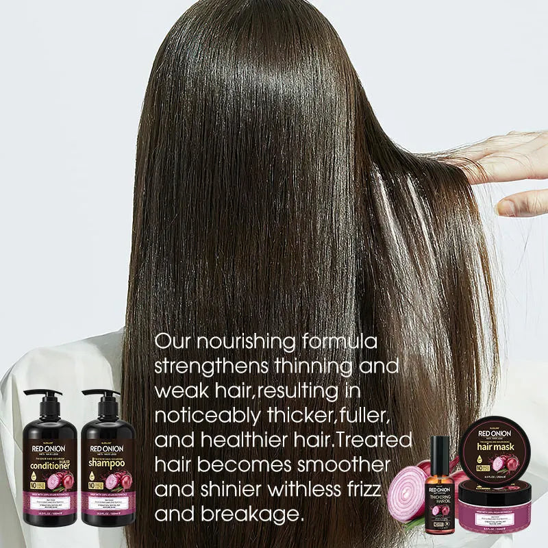 Red onion shampoo and conditioner four-piece set including large bottles and a hair mask tub