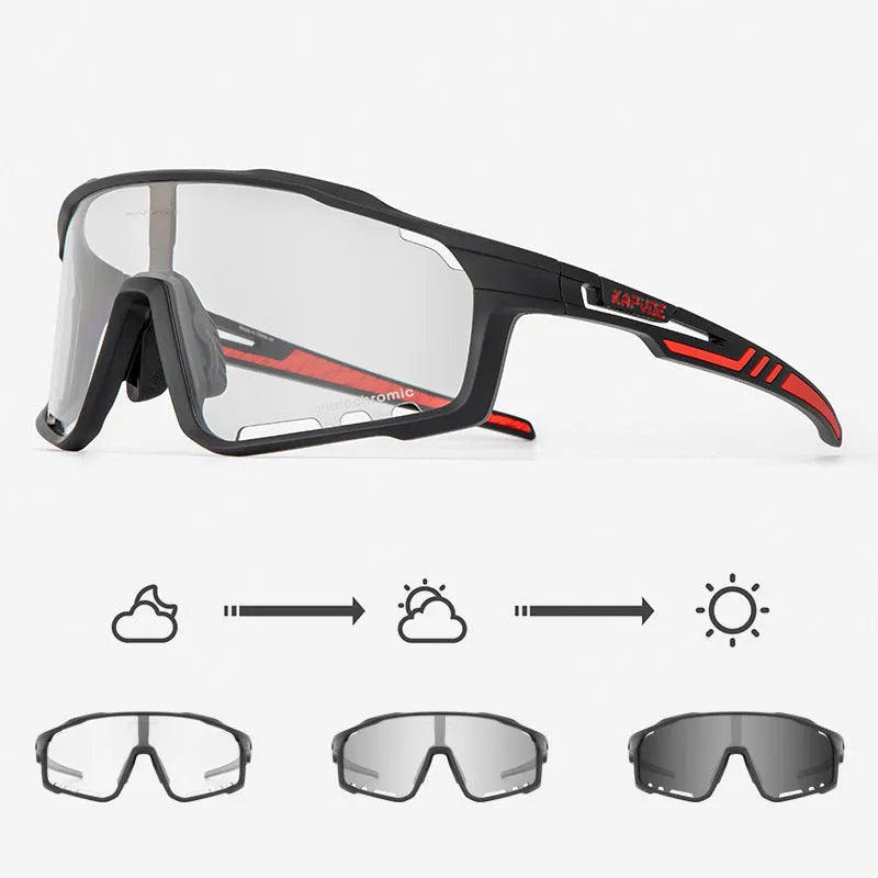 Photochromic sports sunglasses with semi-rimless TR90 frame for cycling.