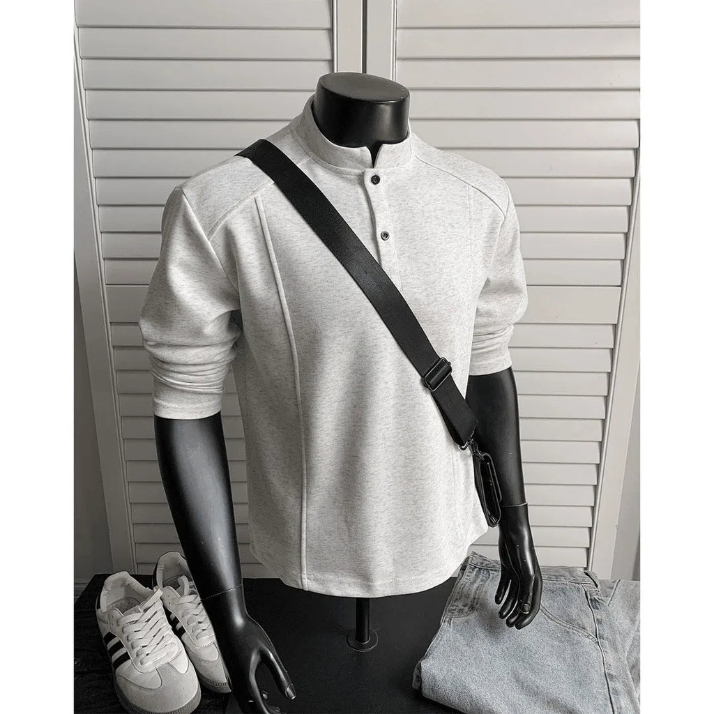 Men's patchwork shoulder polo shirt with stand-up collar in cotton fabric