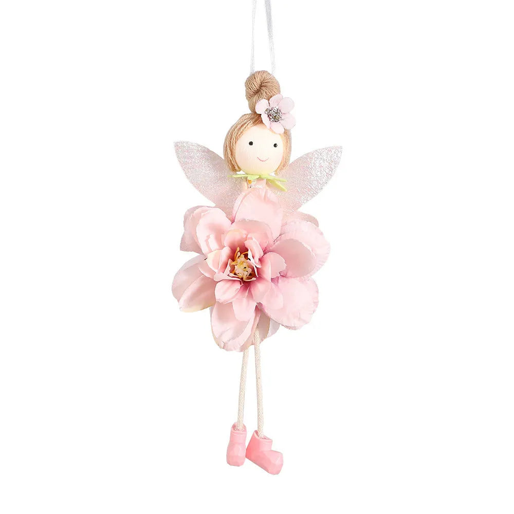 Cloth pendant ornament featuring a floral angel girl design in dark pink, pink, green, or yellow.