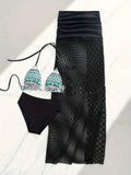 Women's brown European-style three-piece bikini set with fishnet long skirt on mannequin