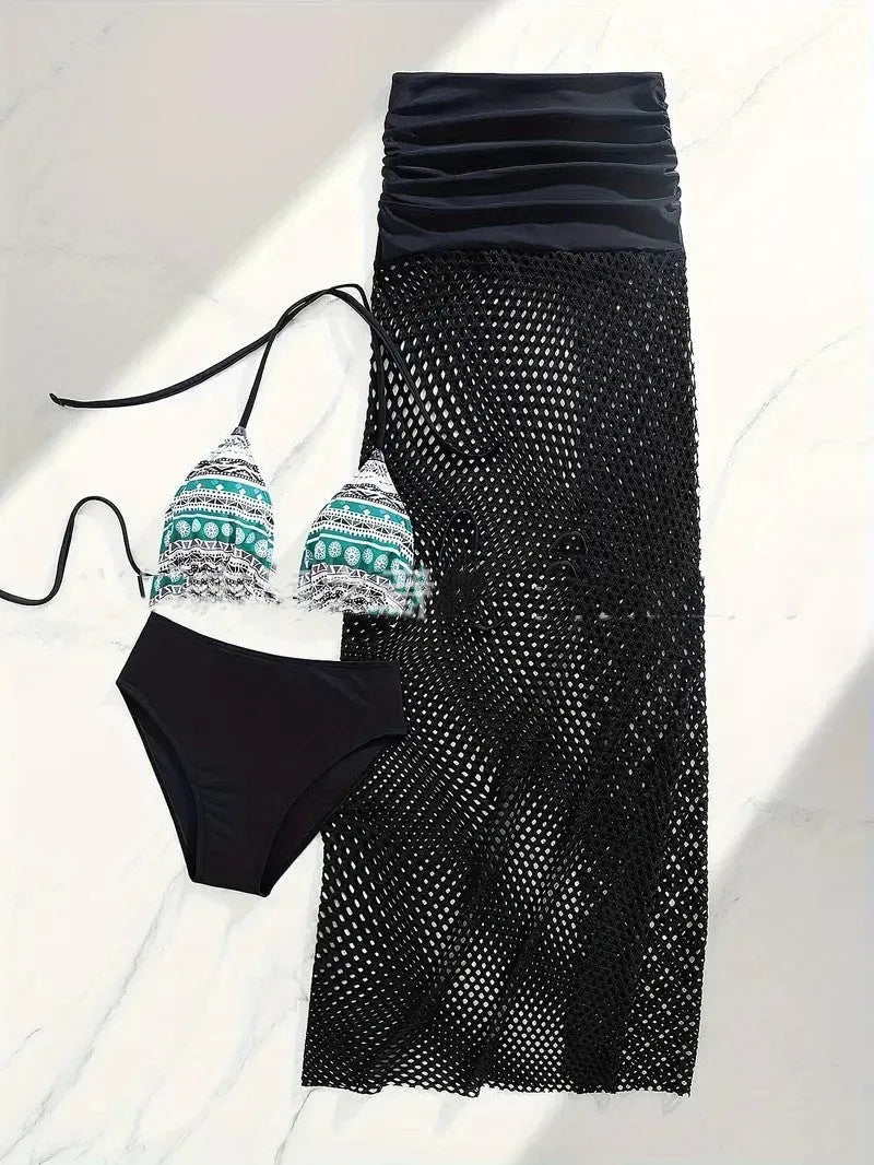 Women's brown European-style three-piece bikini set with fishnet long skirt on mannequin