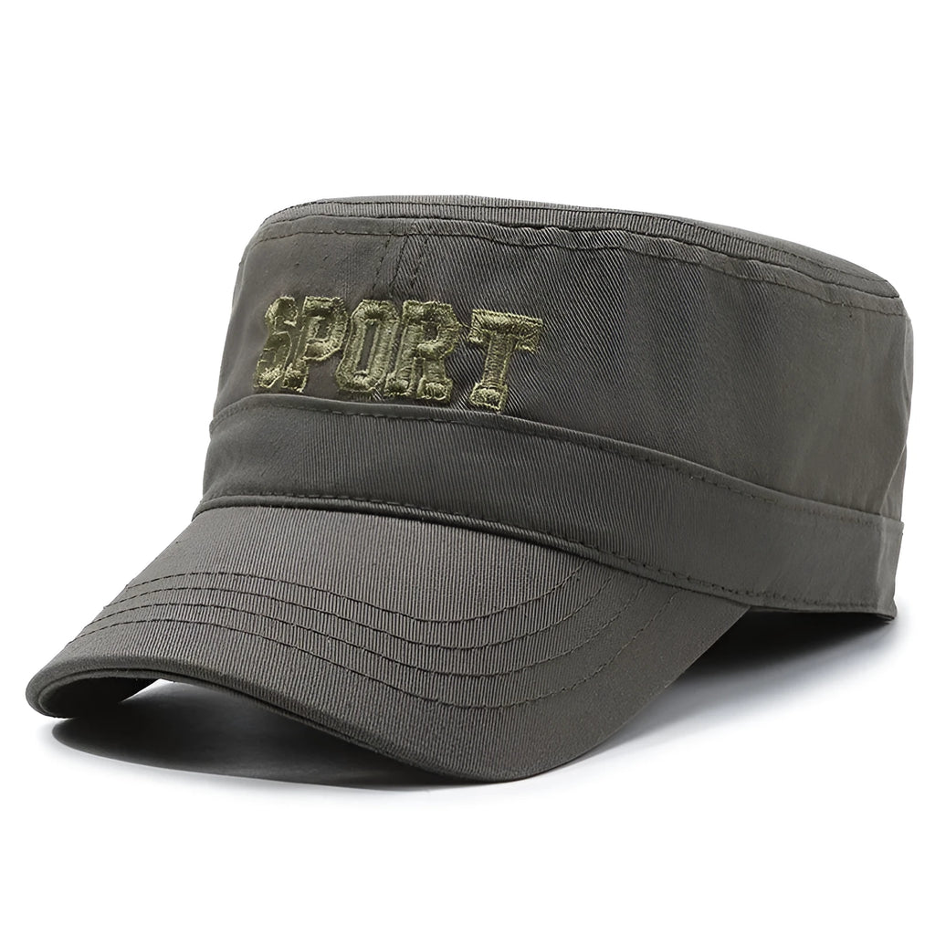 Men's flat-top peaked cotton cap in army green colour with an adjustable strap.