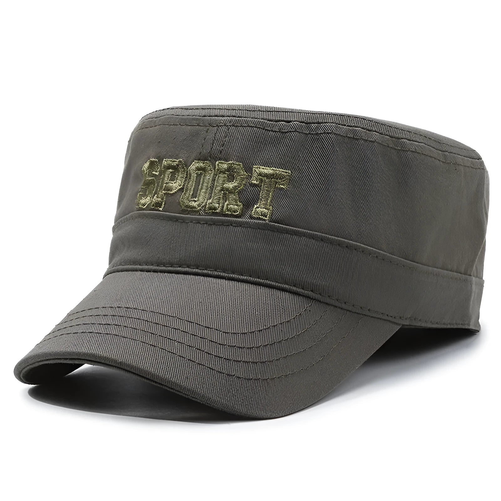 Men's flat-top peaked cotton cap in army green colour with an adjustable strap.