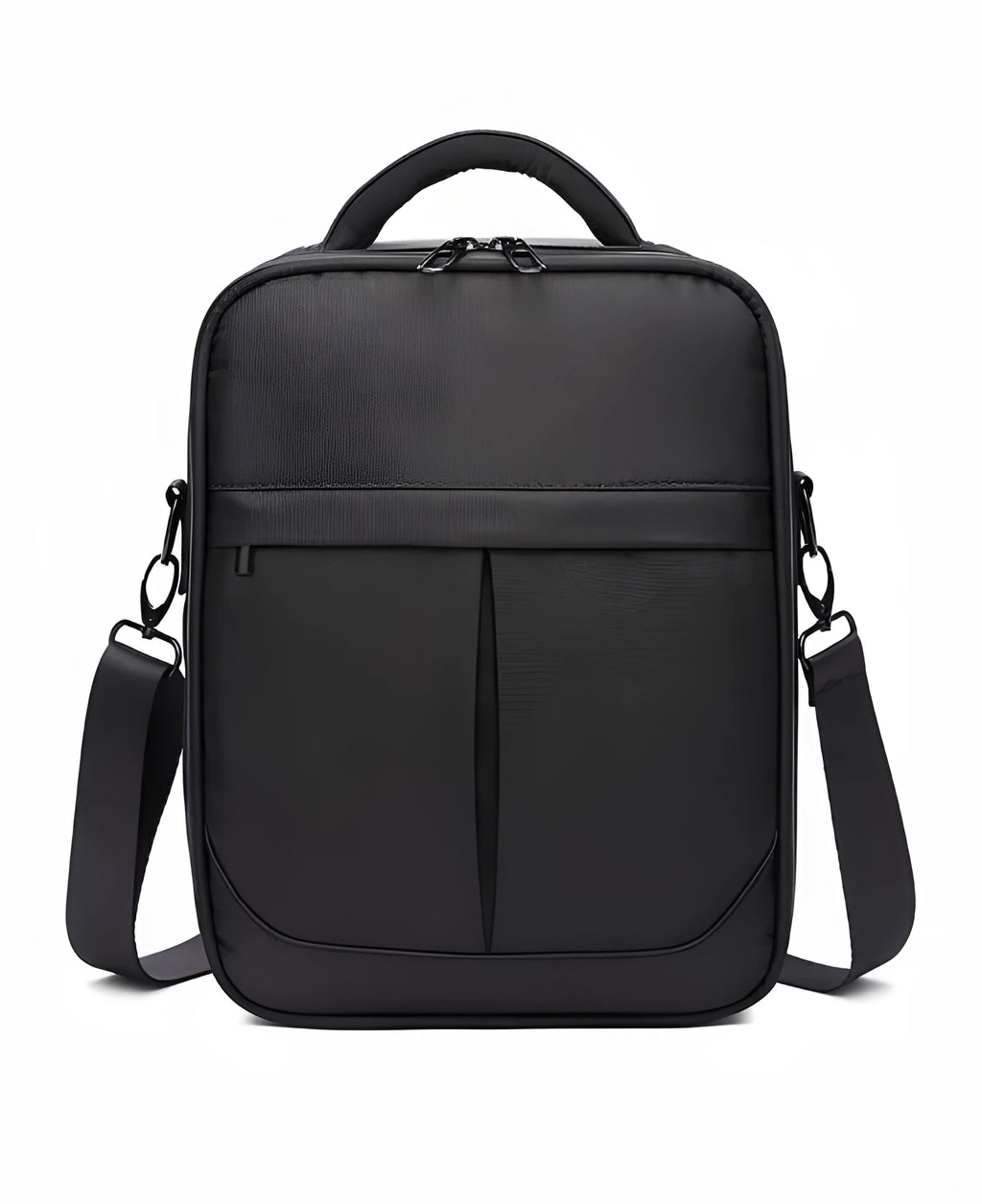 Black Oxford fabric men's messenger bag with shoulder strap showing dimensions