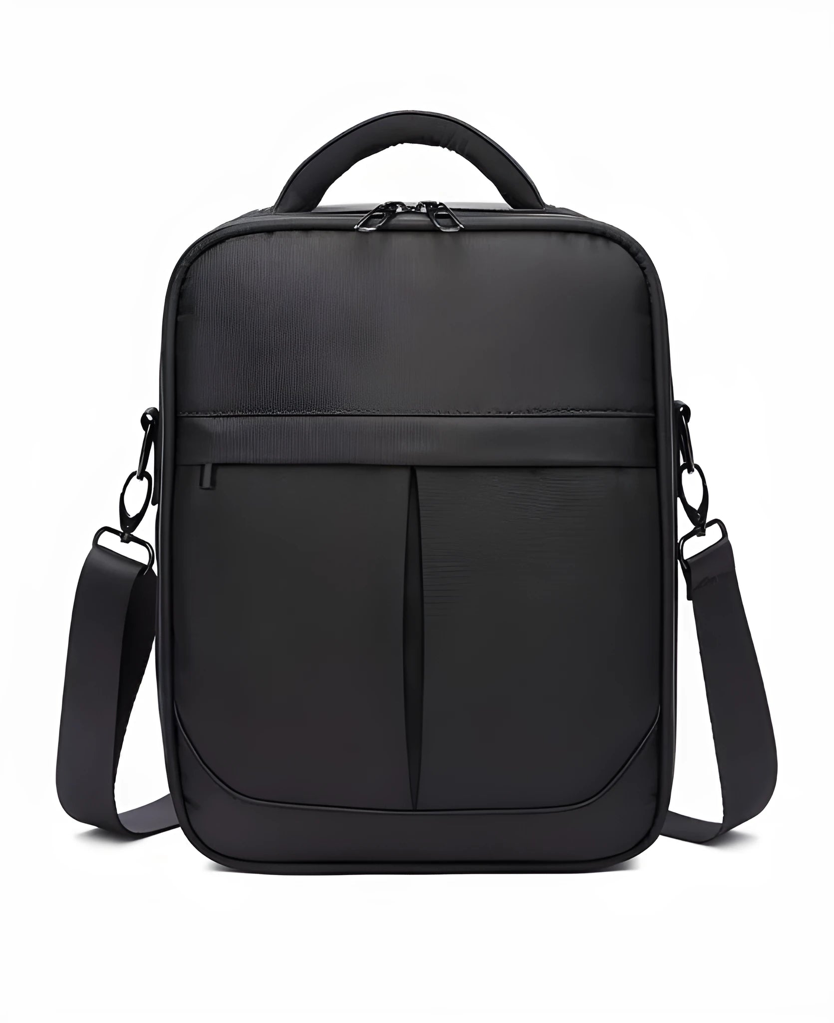 Black Oxford fabric men's messenger bag with shoulder strap showing dimensions