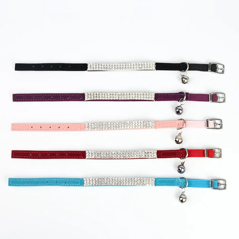Velvet suede cat collar with rhinestone decoration in five colour options, adjustable 20-30cm length