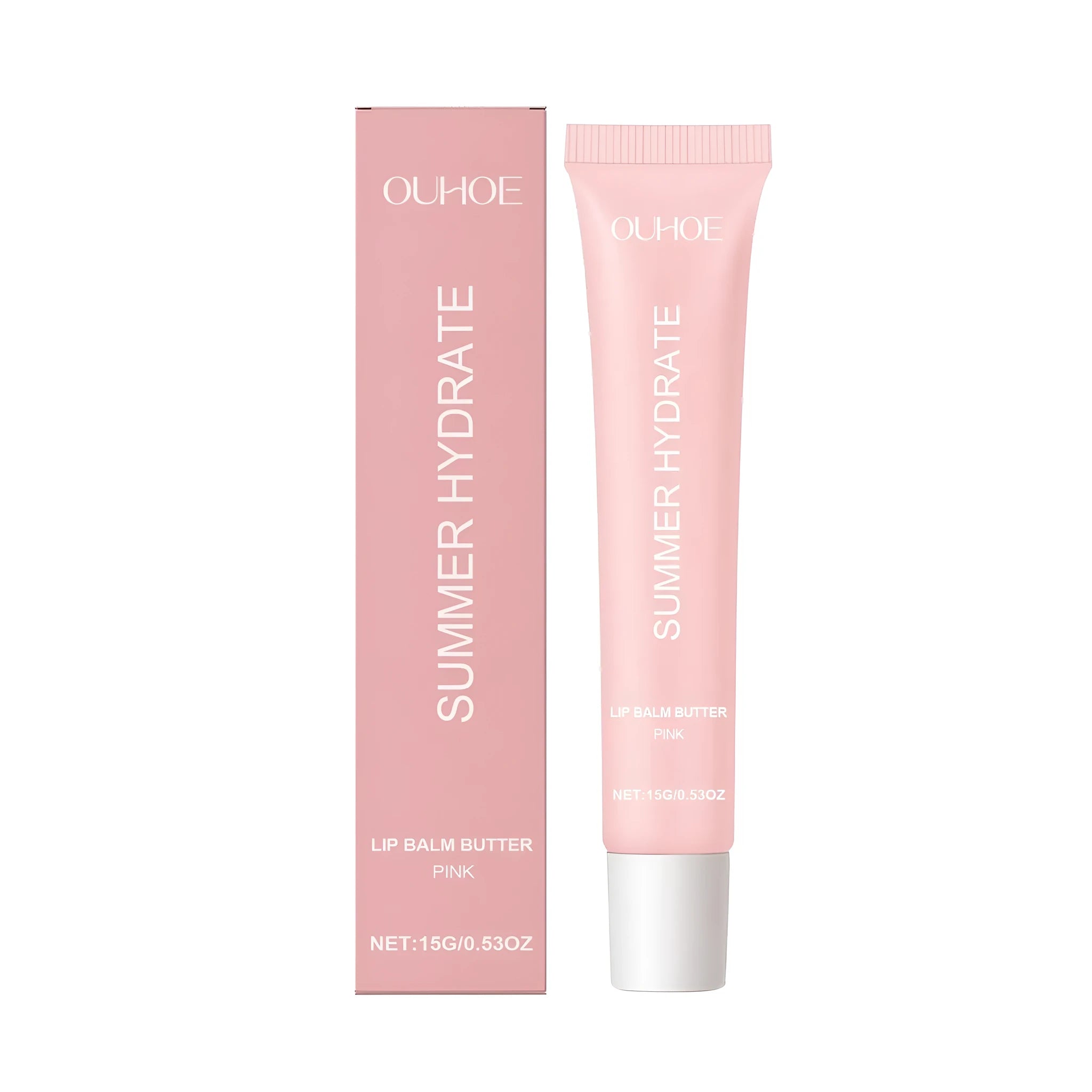 Pink tinted lip balm stick in a tube with shea butter and natural oils.