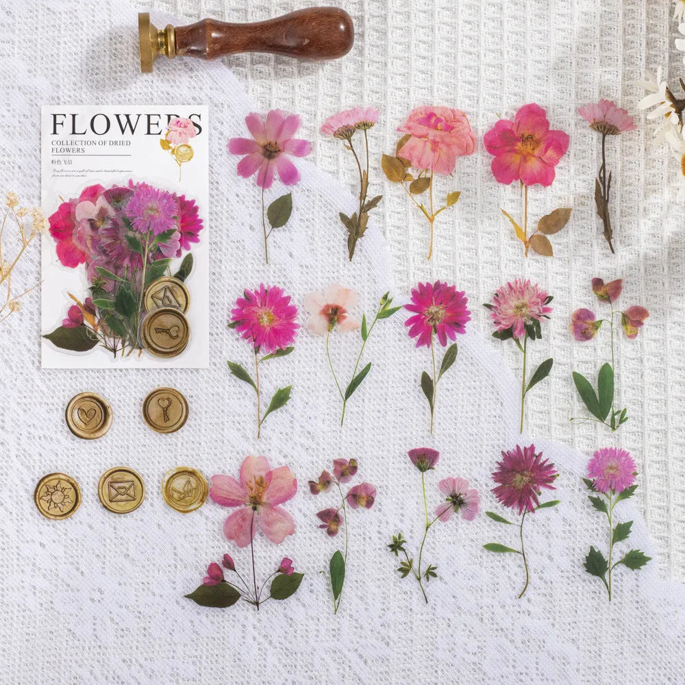 Pack of 40 decorative dried flower design sticker sheets in eight colours including purple, blue, and orange.