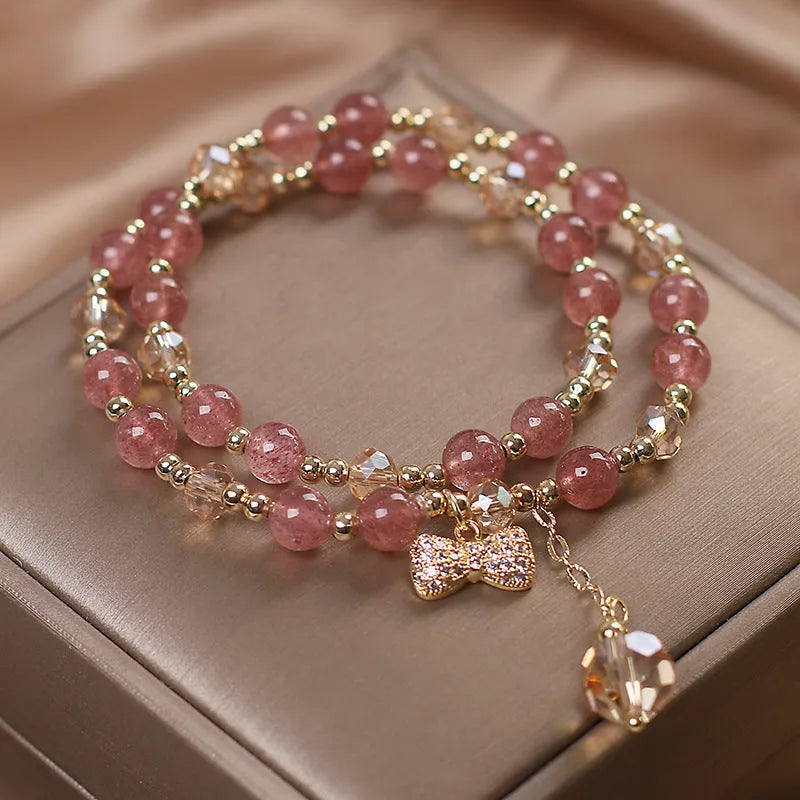 Red cat's eye flowers lucky cat double-layer crystal bracelet for women in ethnic style.