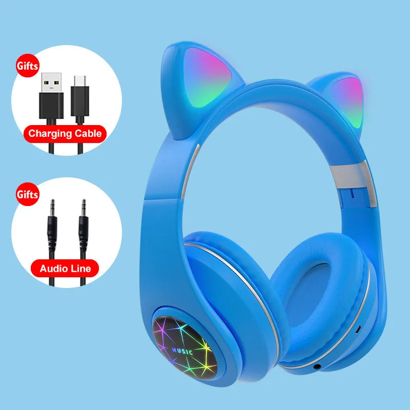 Cat ear style wireless Bluetooth sports headset shown in multiple colours on a person's head