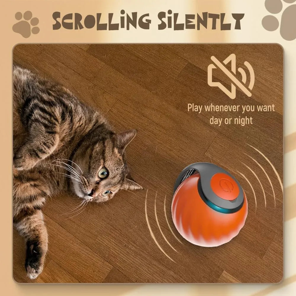 Self-moving cat toy ball in blue on a floor with a cat pawing at it