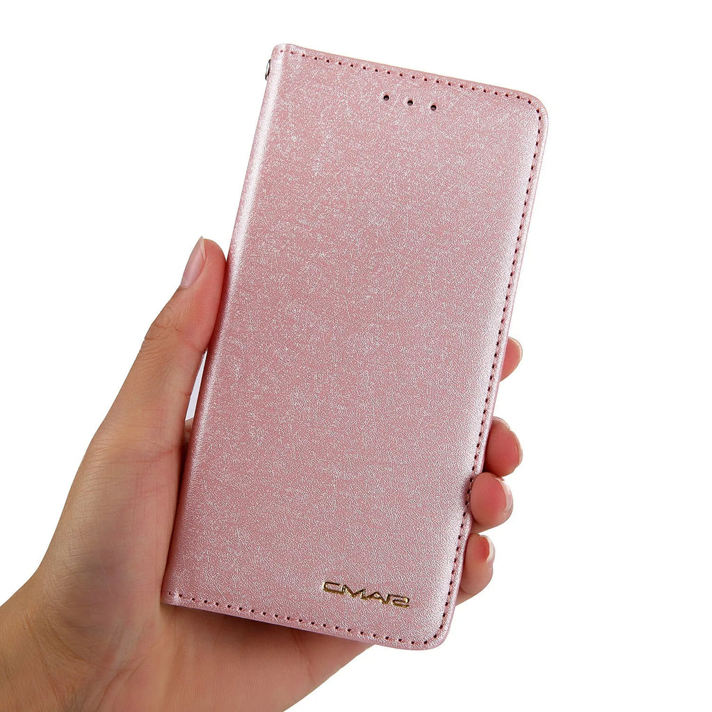 PU leather flip phone case for iPhone in various colours, showing closed front and open view with card slots.